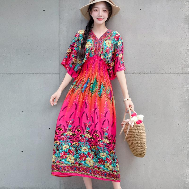 Ethnic Style V-neck Cotton and Silk Short-sleeved French Thai Style Dress for Women's Summer Printing Pastoral Style Skirt for Vacation Wear
