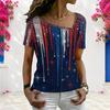 Women Plus Size Asymmetric Neck Short Sleeve Top Vintage American Flag Star Stripe Art Print