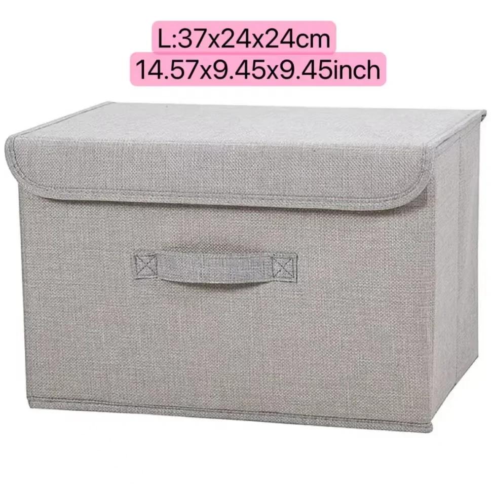 Linen Fabric Storage Basket with Lids Collapsible Sundries Storage Box Toys Books Organizer for Living Room Bedroom Dormitory