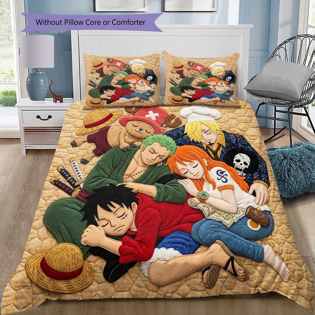 One Piece Muster Bettwäsche Steppdecke Set Bettbezug Kissenbezug Zuhause Geburtstagsgeschenk(1 Bettbezug + 2 Kissenbezüge, ohne Füllung)