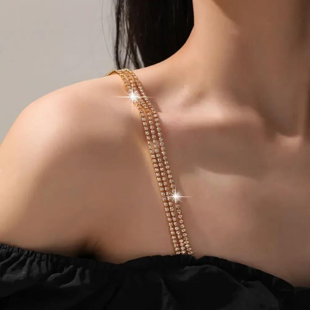 

Fashion Metal Shoulder Straps Adjustable Anti-Slip Lingerie Accessories with Three Rows of Rhinestones for Women