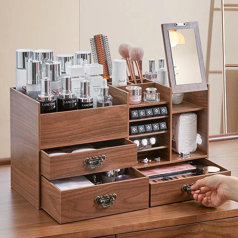 Large Wooden Cosmetic Storage Box with Mirror: Multifunctional Skincare and Lipstick Holder