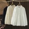 Women's Peasant Blouse Shirt Mori Girl Japan Style Stand Collar Long Sleeve White Beige Black Solid Embroidery Blouses