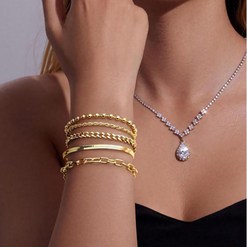 5Pcs Gold Color Bracelets Set For Women Dainty Beaded Cuban Paperclip Chain Adjustable Multilayer Trendy Jewelry Accessories