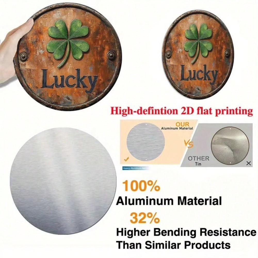 Retro Lucky Four Leaf Clover Round Metal Sign 8x8 Inch Wall Art for Indoor Outdoor Home Kitchen Living Room Decor