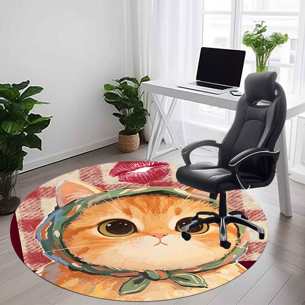 1PC Cat Scarf Office Round Area Rug, Mat Suitable ForOffice, Under Office Chairs Bedroom Living Room Home Decor, Room Deco
