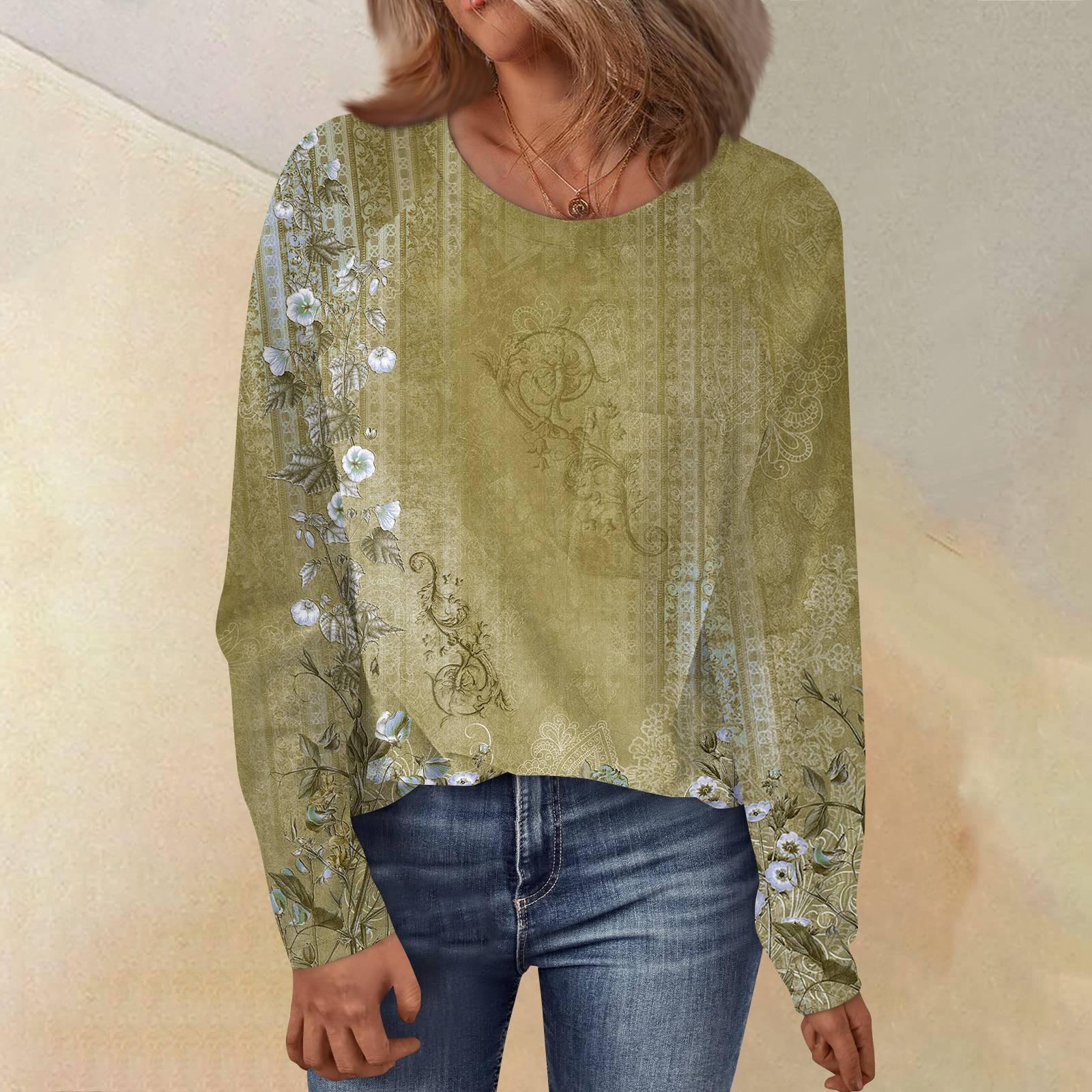 

Женский свободный топ с круглым вырезом, цветочным принтом и длинными рукавами XL жёлтый