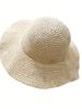 Ladies' Summer Solid Color Hollow Out Large Brim Beach Sun Hat, Pure Straw Crochet Sun Hat Suitable For Hiking