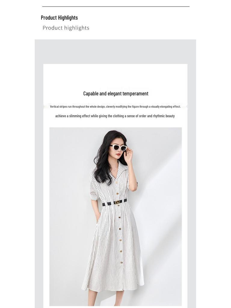 Women's Summer Striped Shirt Dress - High-End, Single-Breasted with Waist-Defining Fit