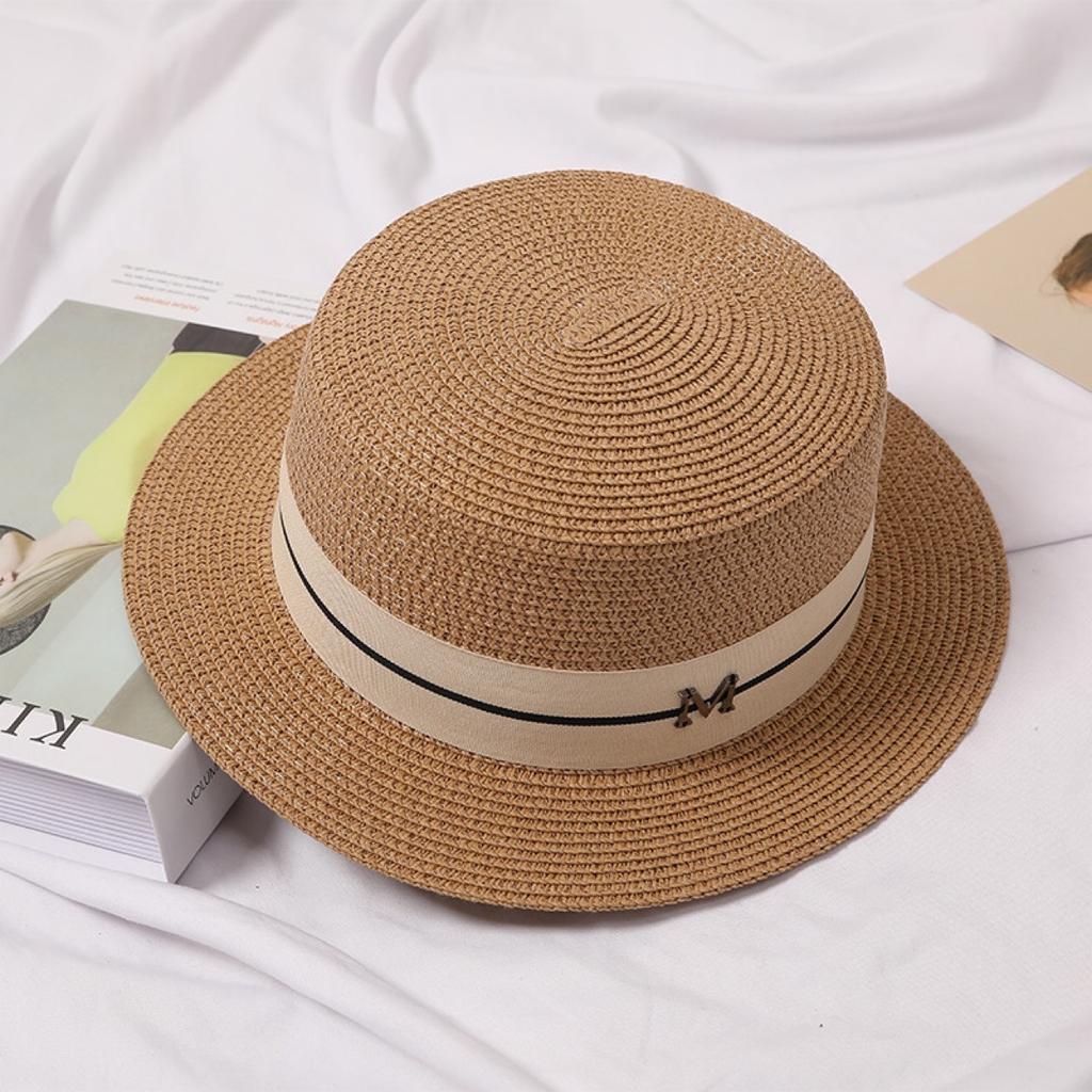 Hat Women's Summer British Flat Top Hat Seaside Shade Sun Protection Beach Straw Hat Fashion Flat Brim Casual Hat