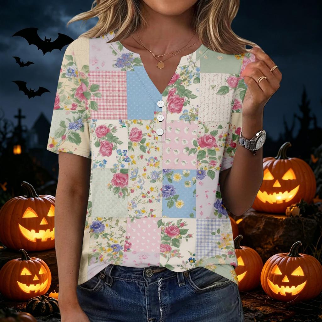 Women's Halloween Printed V-Neck Short Sleeve T-Shirt with Pocket, Loose Fit