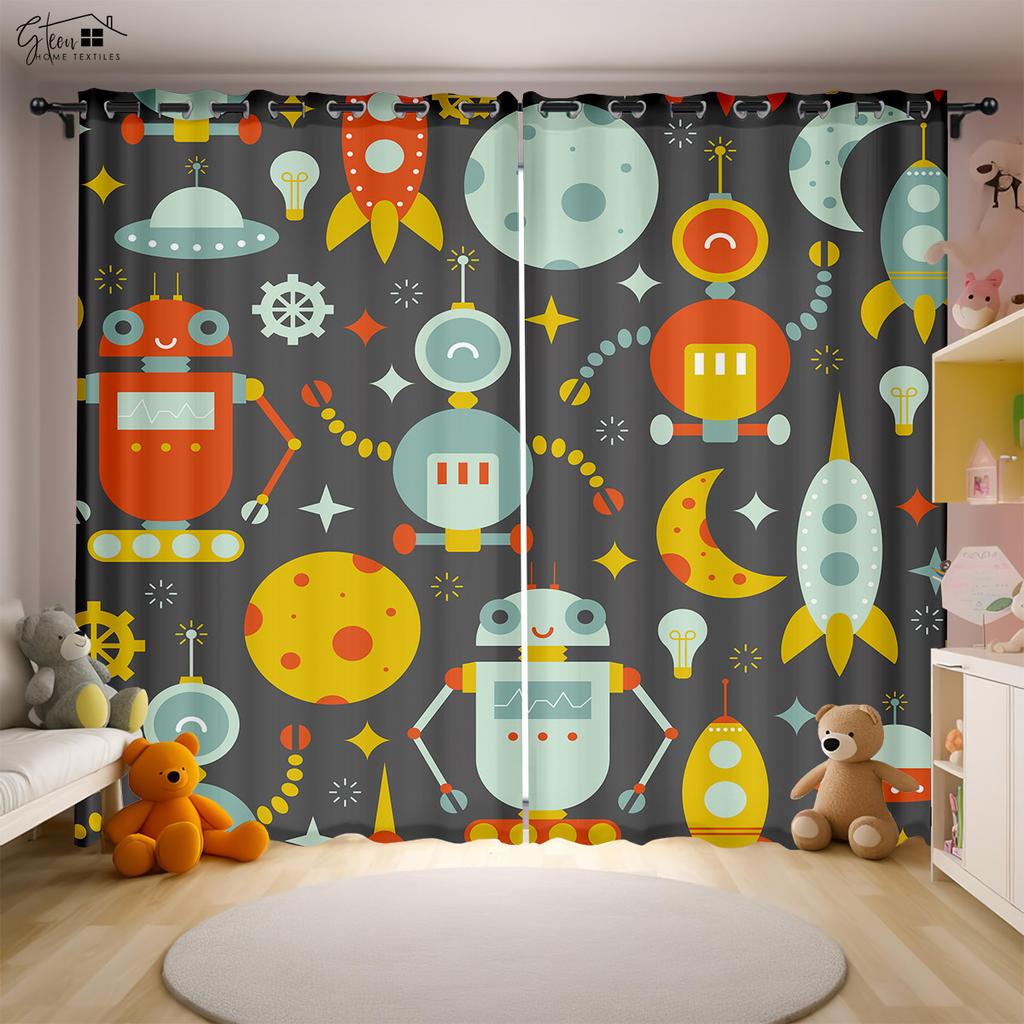 Cartoon Universe Curtains Astronaut Spaceship Rocket Moon Alien Children's Room Children's Bedroom 3D Printing Curtains 2PCS