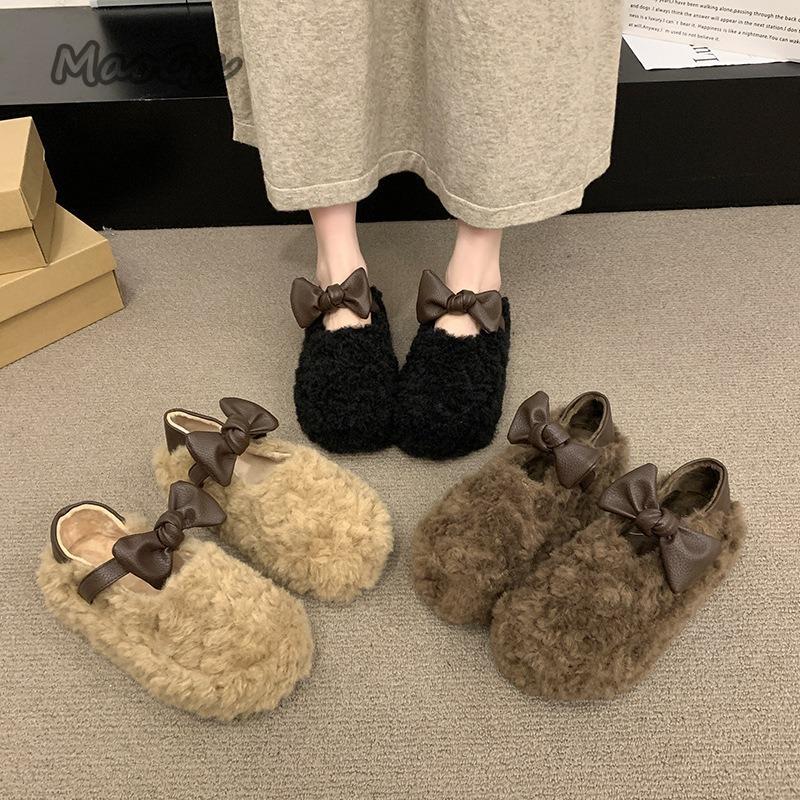 Halkfri Sula Dammode Rosette Fluffiga Tofflor Koreansk Stil Mjuk Sula Plysch Slip-On Utomhus Inomhus Bekväma Loafers Storlek 35-40