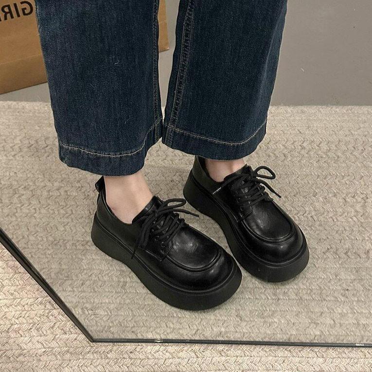 British Style Big Head Small Leather Shoes Women's 2025 Spring and Autumn New Black Lace-up Loafers Retro Versatile Platform Single Shoes