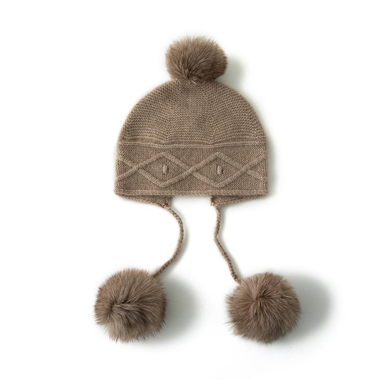 Cashmere Autumn and Winter New Women's Thickened Braided Pom Pom Hat Earring Hat  Cold Hat Headscarf  Knitted Hat