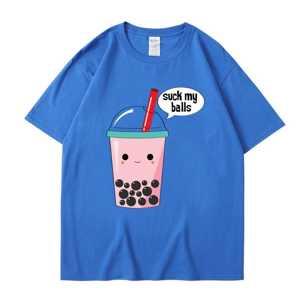 Cute Summer New Cotton Harajuku Unisexs Wounisex Top Fashion Short Sleeve Tshirt Cartoon Milk Tea Print Tops