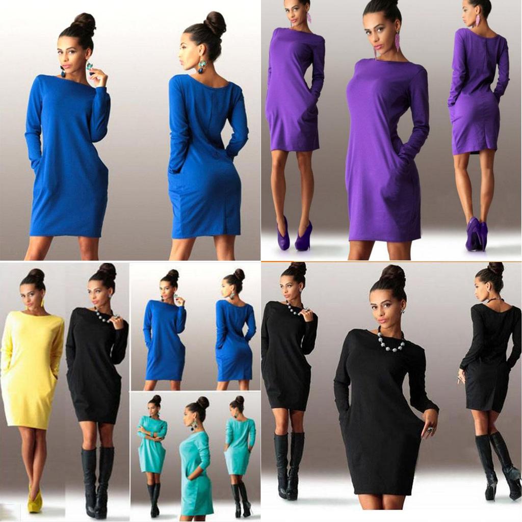 Elegant Summer Solid Casual O Neck Long Sleeve Bodycon Dress With Pockets