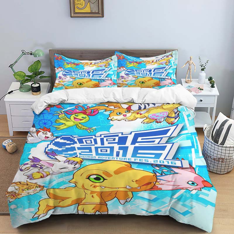 Digimon Cartoon 3D-Printed Bedding Set—Includes Duvet Cover and Pillowcases—Available for Single, Double, King, and Queen-Sized