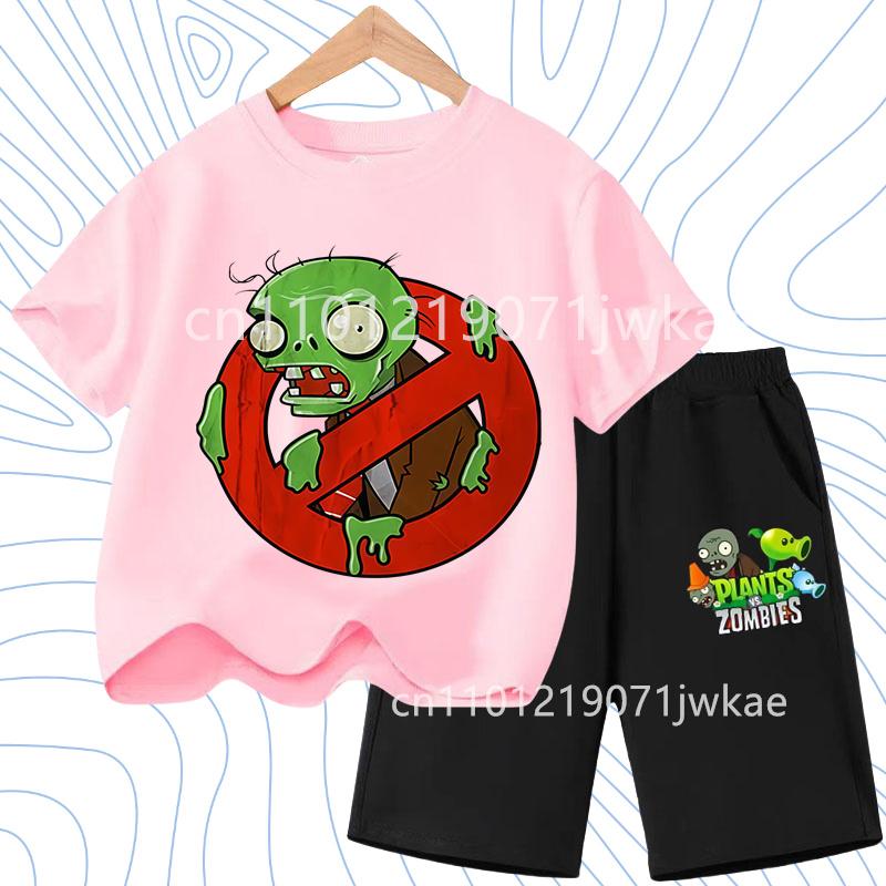 Children's Plants Vs. Zombies Short-Sleeved T-Shirt Set Cotton Summer Fashion Comfortable Top+pants for Boys and Girls