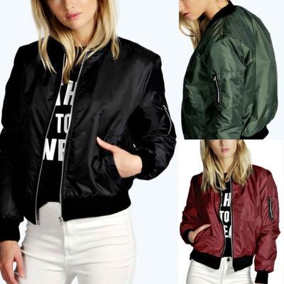 Fashion Women Baseball Jacket Solid Color Zip Coat Autumn Winter Jacket