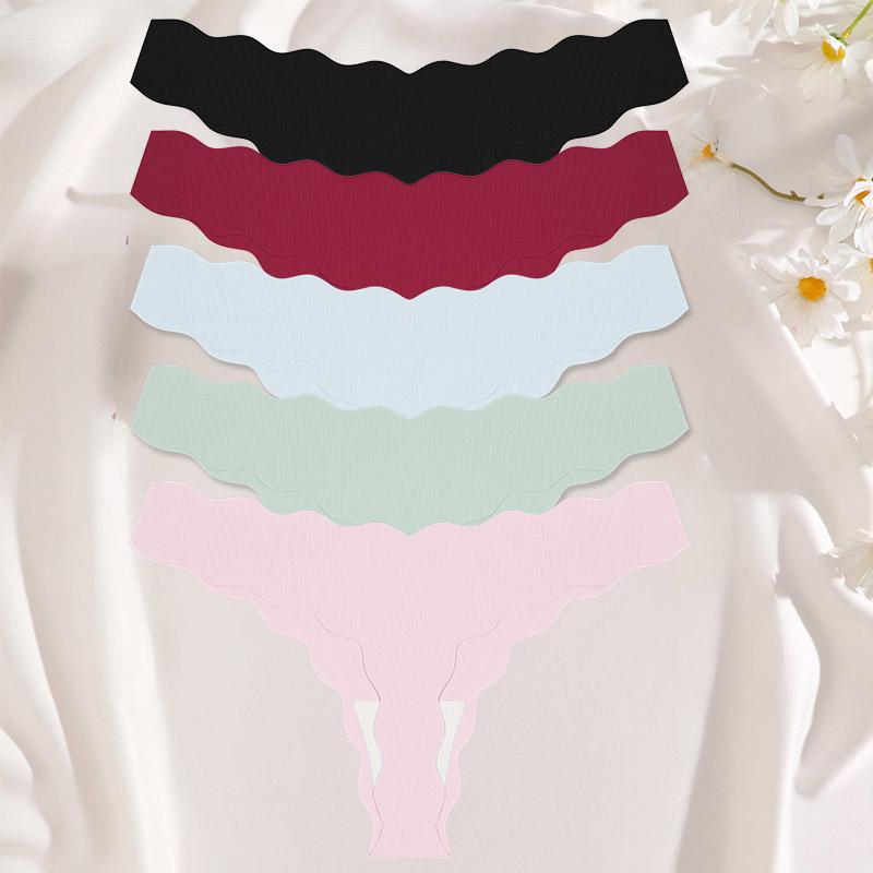 FINETOO 5Pcs/Set Women's Seamless Thong Underwear Wavy Edge No Show Soft Stretch Low Rise Invisible Panties for Daily Wear