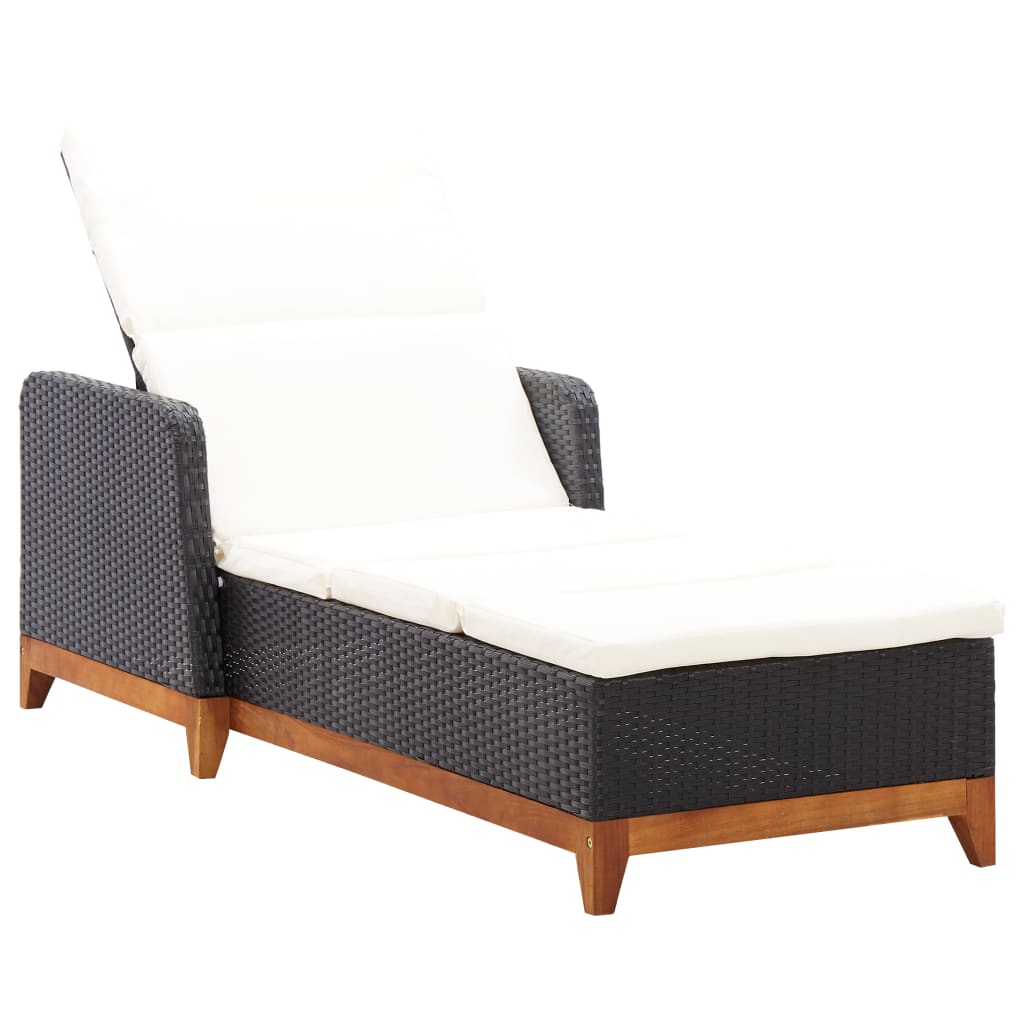 Poly Rattan and Solid Acacia Wood Sun Lounger Black