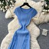 Elegant Lace Patchwork Knitted Midi Long Dress Women Chic Short Sleeve Ruffles Slim Fit Dresses 2026 Casual Daily Office Outfit