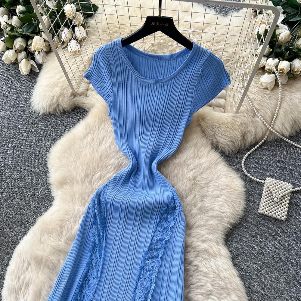 Elegant Lace Patchwork Knitted Midi Long Dress Women Chic Short Sleeve Ruffles Slim Fit Dresses 2026 Casual Daily Office Outfit