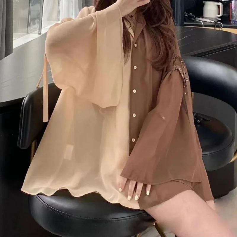 Summer French Sunscreen Top Contrast V-neck Chiffon Shirt Women Vintage Loose Flare Sleeve Blouse Bandage Suits Tops