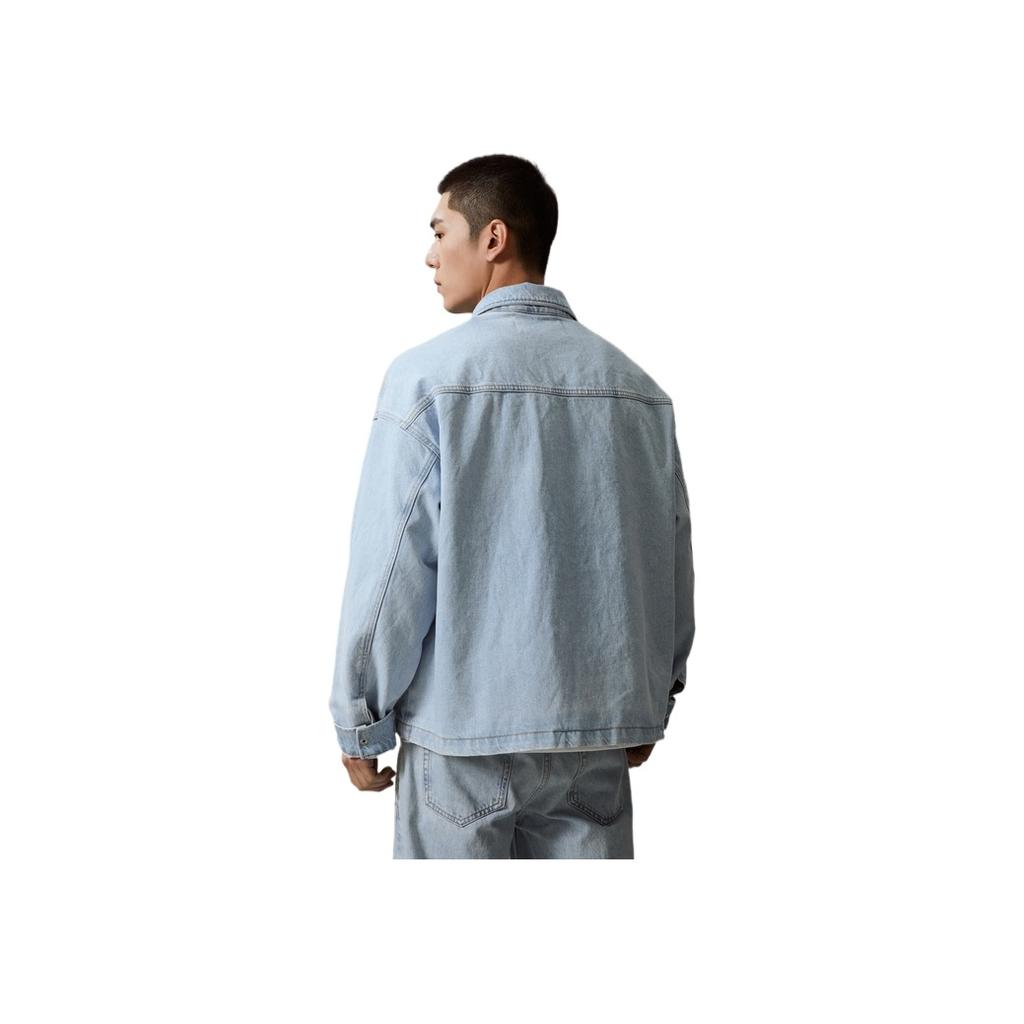 Calvin Klein Vintage Wash Letter Woven Label Pocket Half-Zip Stand Collar Denim Jacket Men jackets Light-Blue J325550