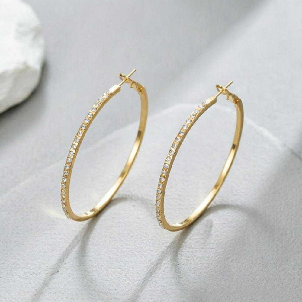 SUMENG New Fashion Simple Big Gold Color Rhinestone Decorated Large Circle Hoop Earrings Ladies Trendy Jewelry Accessories Gifts золотой