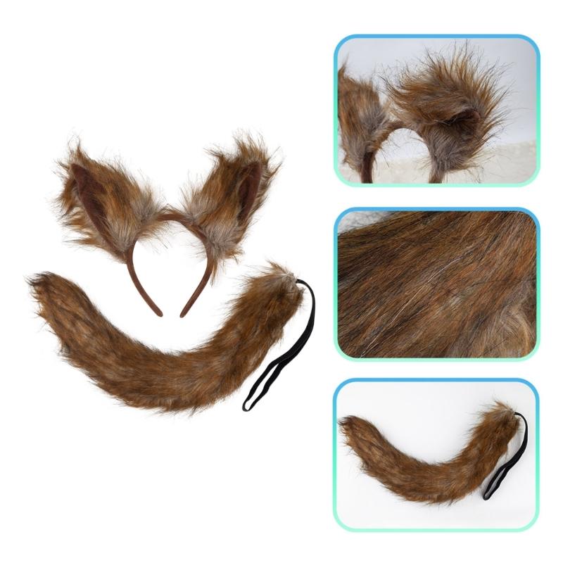 Foxes Cosplay Set Lovely Wolf Ears Headband Plush Animal Tail Foxes Tail Decorations Foxes Ears Headwear for Halloween