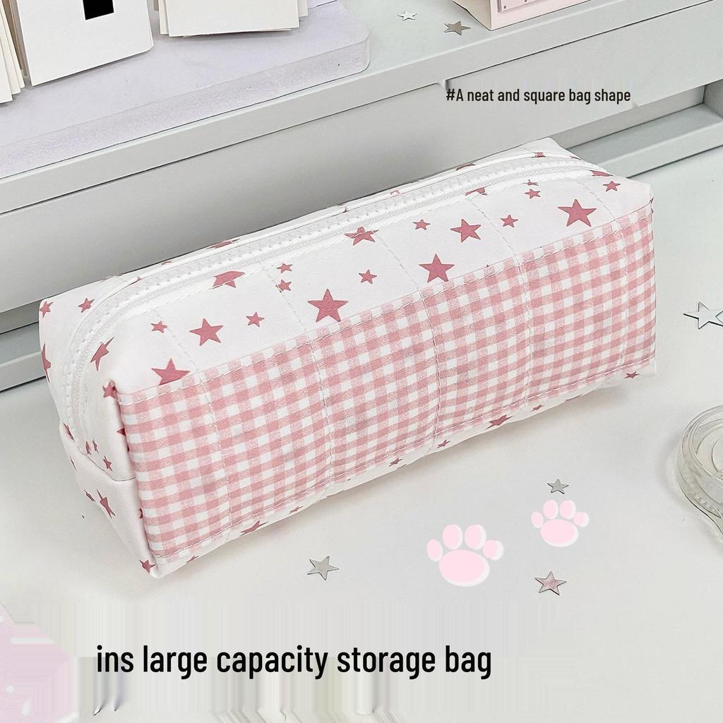Korean Style Star Plaid Large Capacity Pencil Case for Middle School Girls