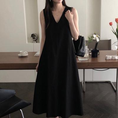 Korean Chic Summer French Retro V-neck Loose Casual Solid Color Knee Long Sleeveless Vest Dress Women