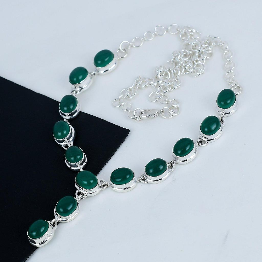 Naturalny zielony onyks kamień szlachetny ręcznie robiony naszyjnik ze srebra próby 925, zielony onyks srebrny naszyjnik dla żony, naszyjnik unisex, prezent urodzinowy