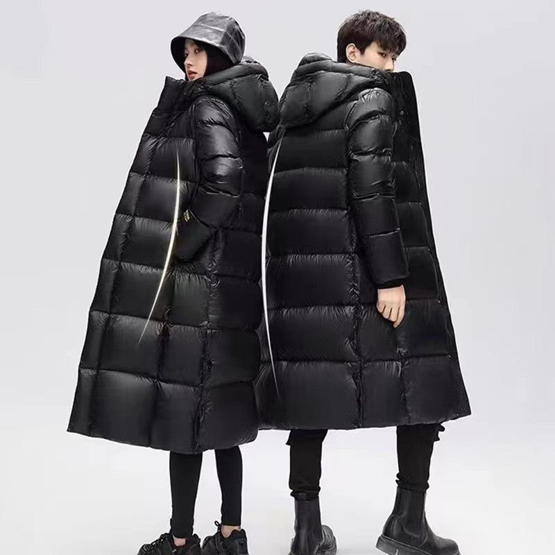 Nuevas chaquetas de plumón de ganso blanco para hombre y mujer, negras y doradas, largas, holgadas, por encima de la rodilla
