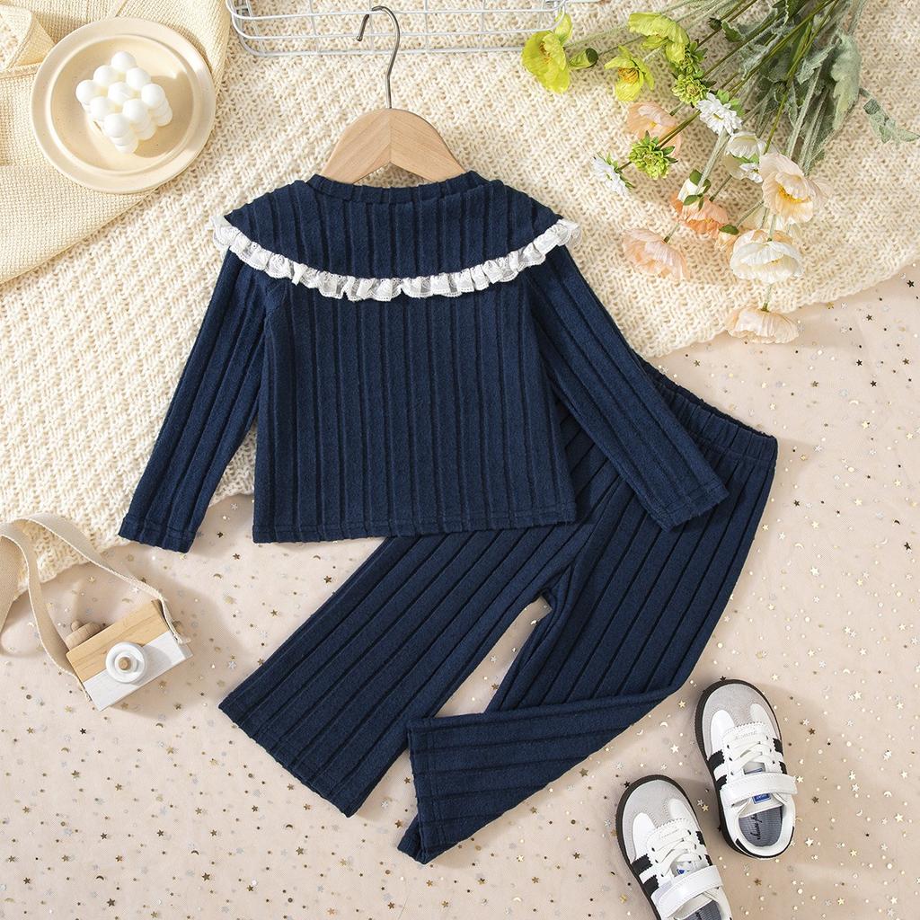 Girls' Autumn and Winter Knitted High Neck Lace Edge Patchwork Top+contrasting Pants Set, A Must-have for Casual and Versatile Outdoor Wear