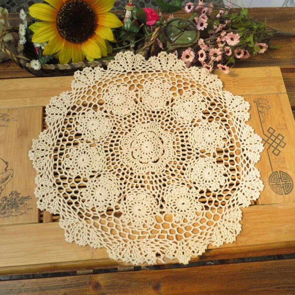 Small Round Lace TableClothVintage Crochet Table Lamp Cushion Insulation Pads Cotton Floral Tablecloth 50cm Home Decoration