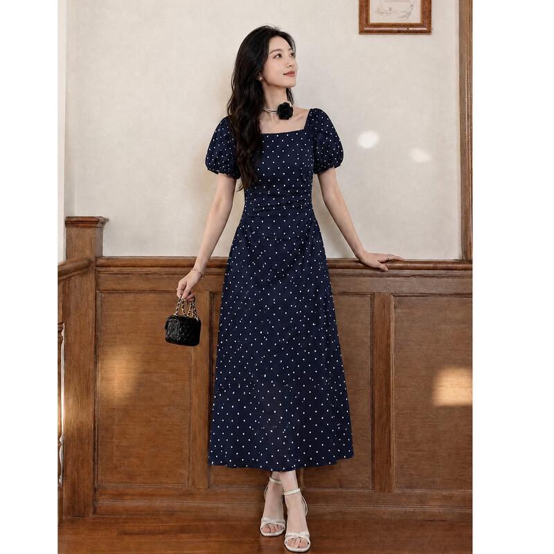 French Retro Square Neck Polka Dot Puff Sleeve A-Line Dress M