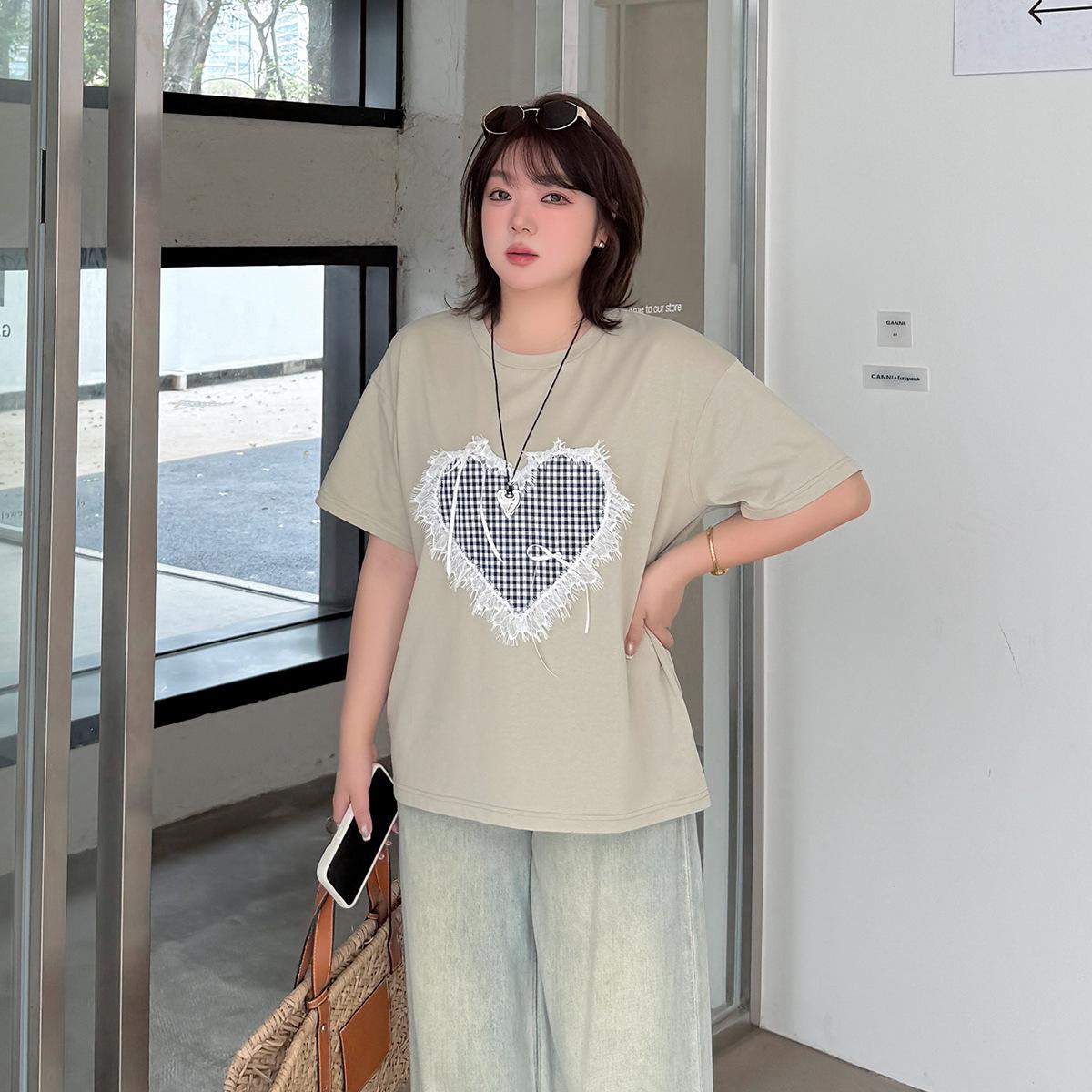 Spring/Summer Plus Size Women s Heart Embroidery Short Sleeve T-shirt 1XL