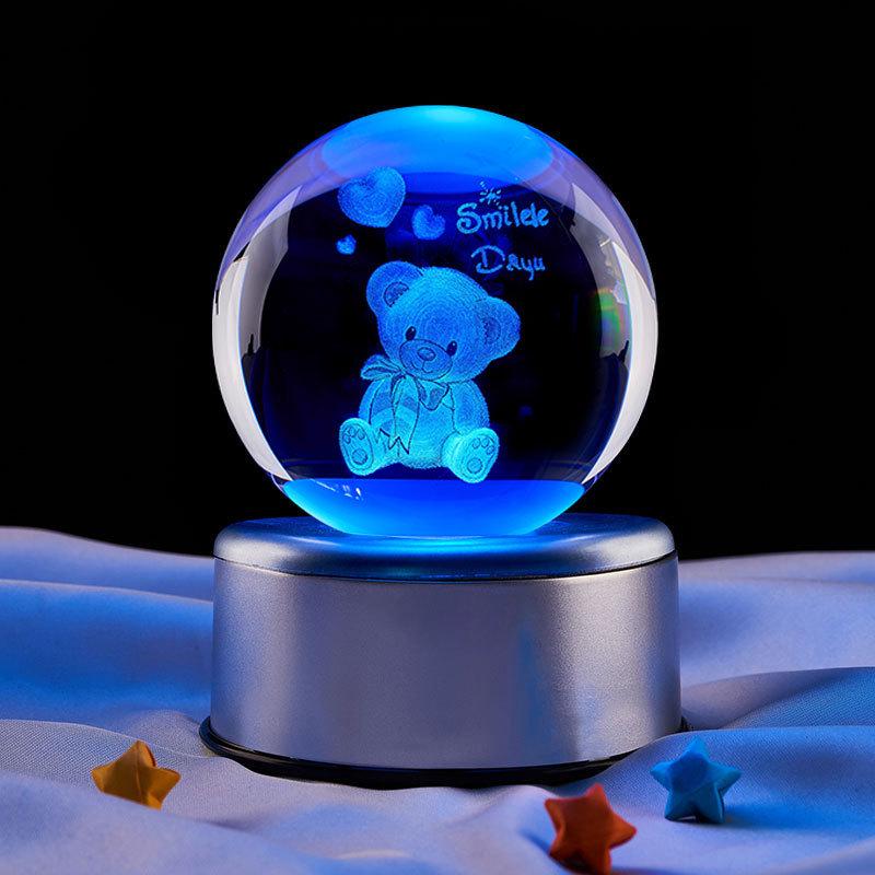 Luminous Teddy Bear Crystal Ball Night Light with Wooden Base - Creative Desktop Decoration Gift.