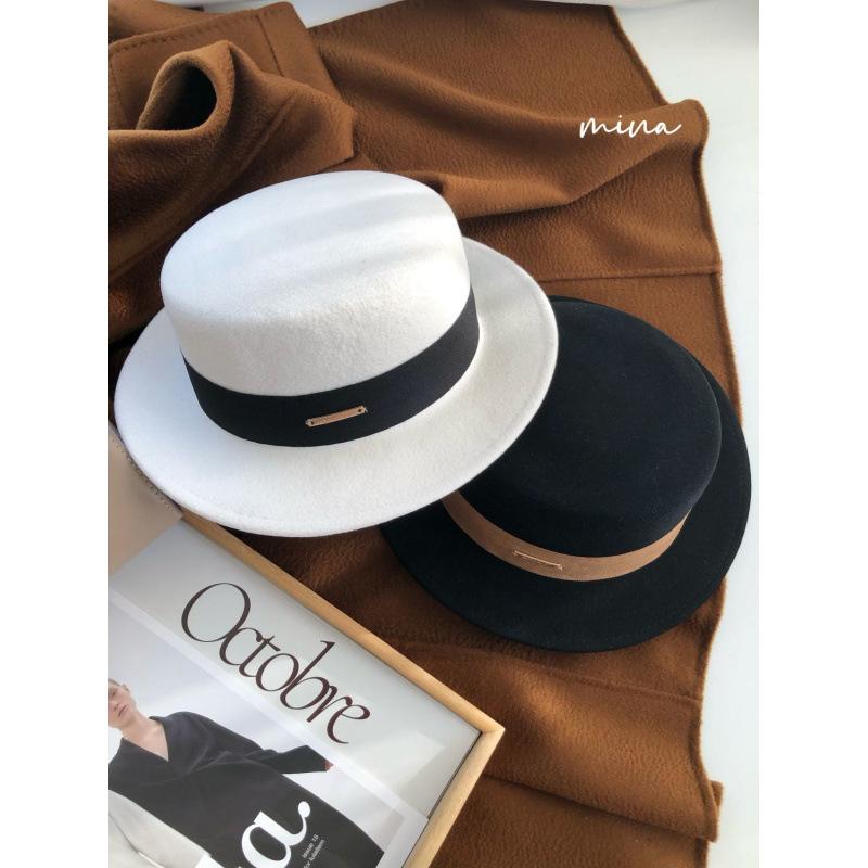Autumn and Winter White French Woolen Flat Hat Female British Retro Flat Edge Big Head Circumference Versatile Top Hat Flat Hat Male