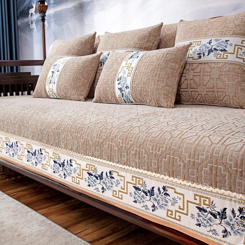 Luxury Chinese Style Sofa Covers Embroidery Flowers   Anti-slip Couch Cushion for Living Room Sofas Armchair Slipcover Towel