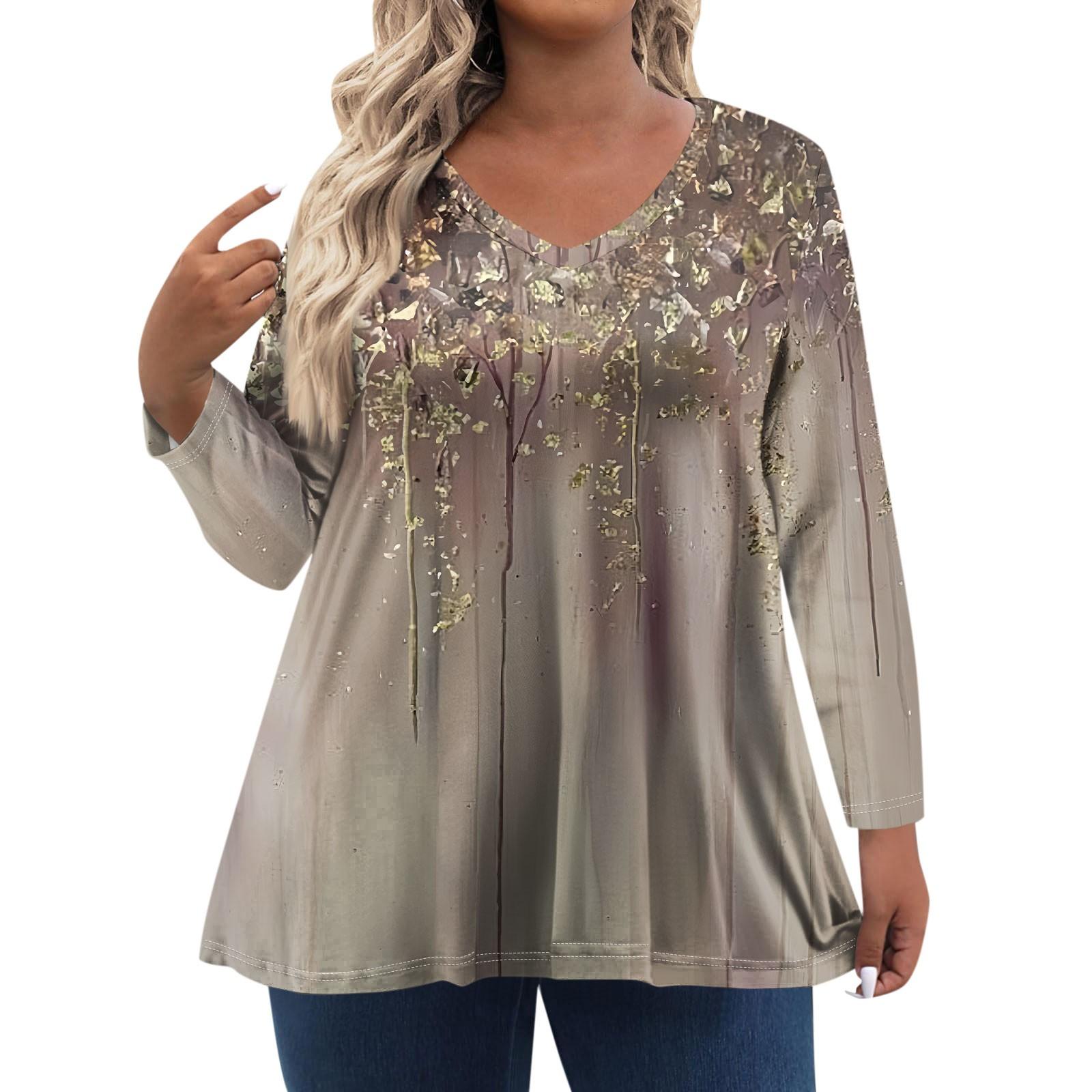 

Женская футболка с винтажным цветочным принтом и V-образным вырезом, свободная, с длинным рукавом, большой размер L верблюд