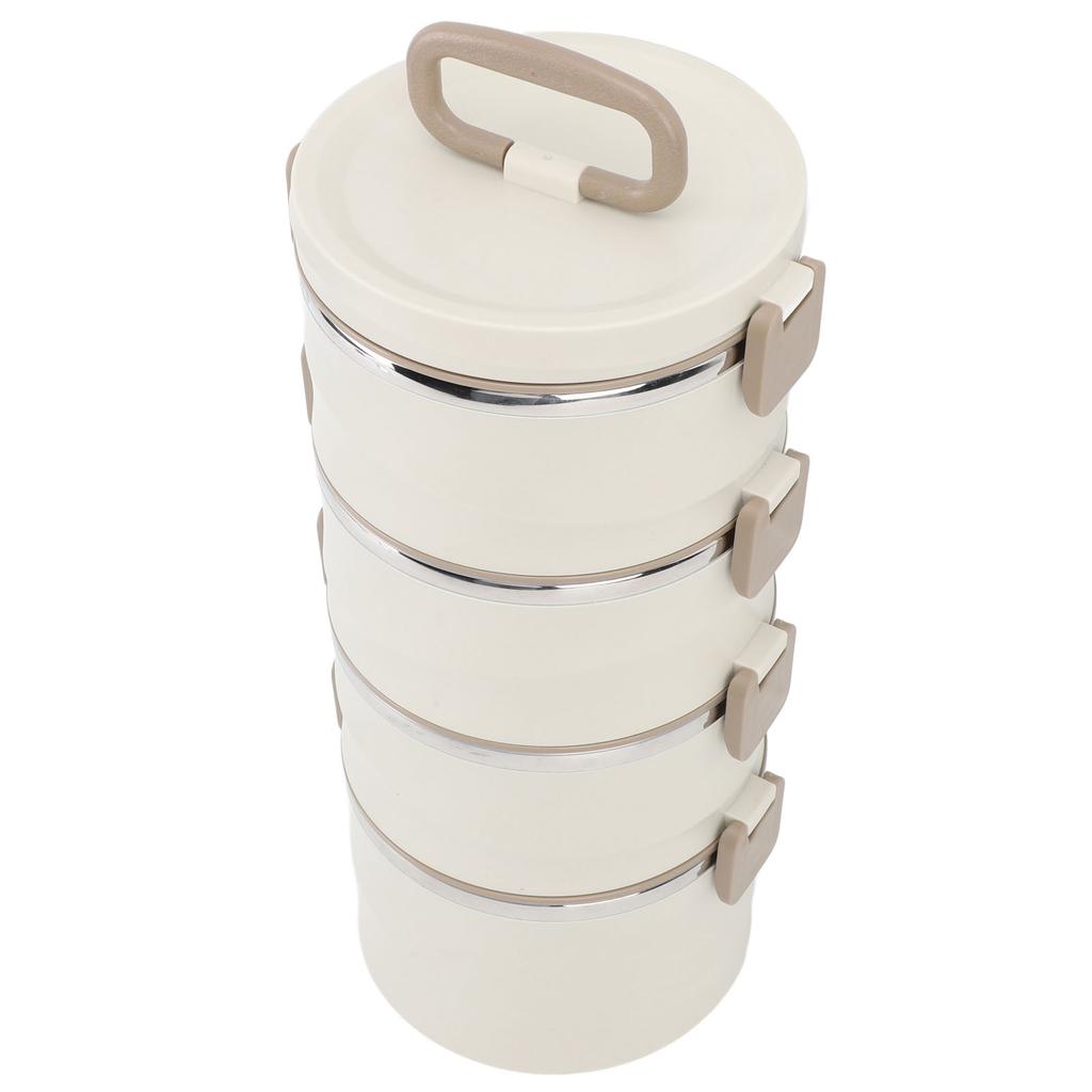 3.3L 4 Tier Insulated Lunch Box 304 Stainless Steel Food Container Round Stackable Bento Box with 2 Integral Fork Spoon