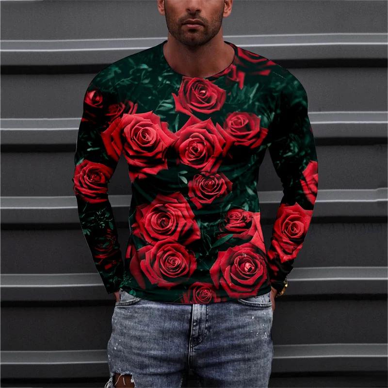 Spring and Autumn Round Neck Flower Pattern 3D Printed Top Fashionable Casual Long Sleeved Men's T-shirts