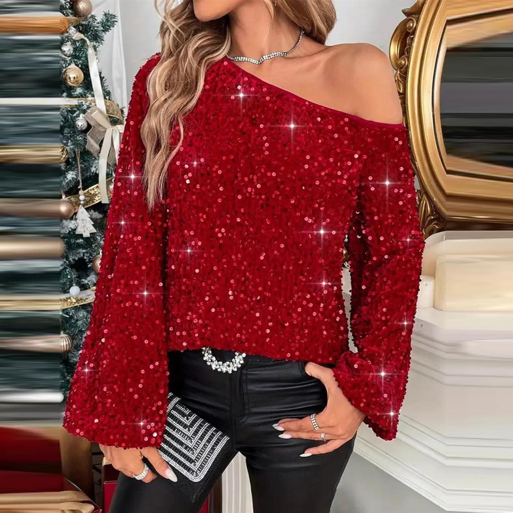 Women's Fashionable Casual Christmas Sequined Versatile Off-the-Shoulder Long-Sleeved Top