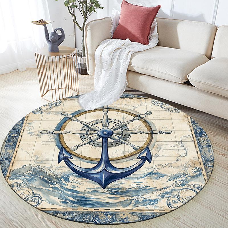 Anchor and Ship's Wheel,Round Area Rug,Carpet Rug for Living Room Bedroom Sofa Playroom Decor,Non-slip Floor Mat