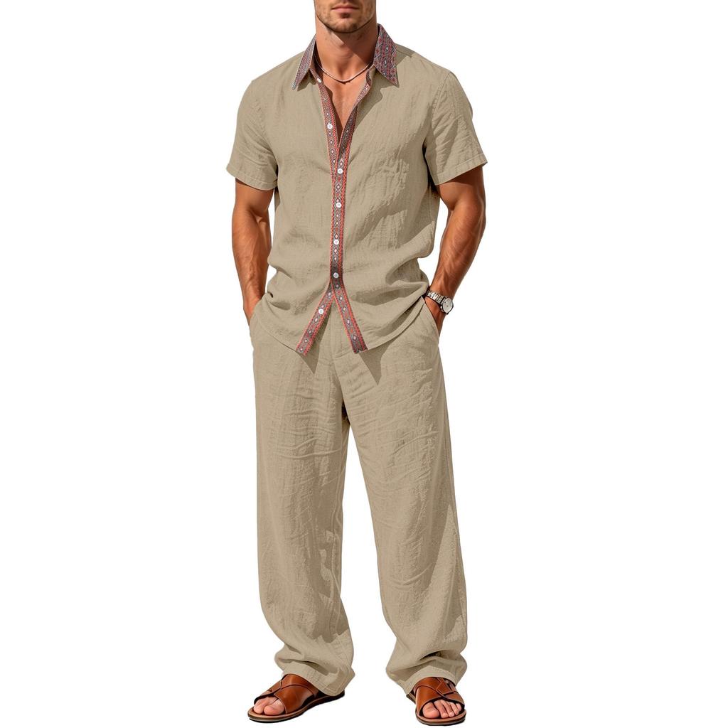 European & American Men's Striped Linen Summer Shirt & Pants Set