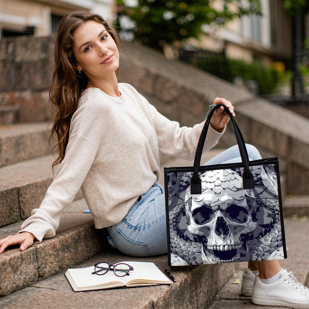 Gothic Skull Pattern Large Shoulder Tote Bag for Daily Outdoor Shopping Use